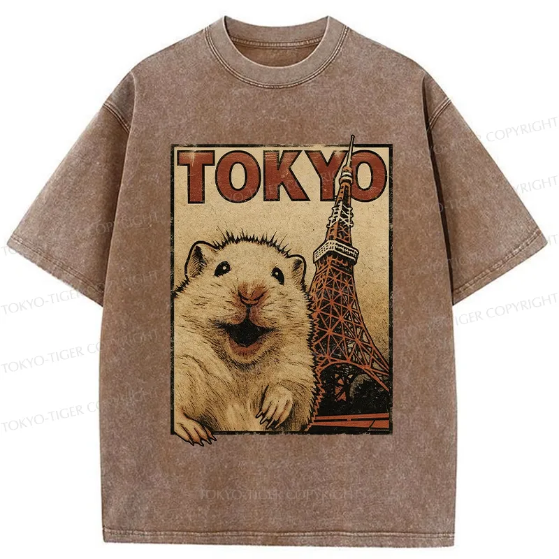 Tokyo-Tiger Happy Hamster Under Tokyo Tower Washed T-Shirt