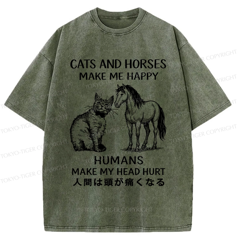 Tokyo-Tiger Funny Cats And Horses Make Me Happy Washed T-Shirt