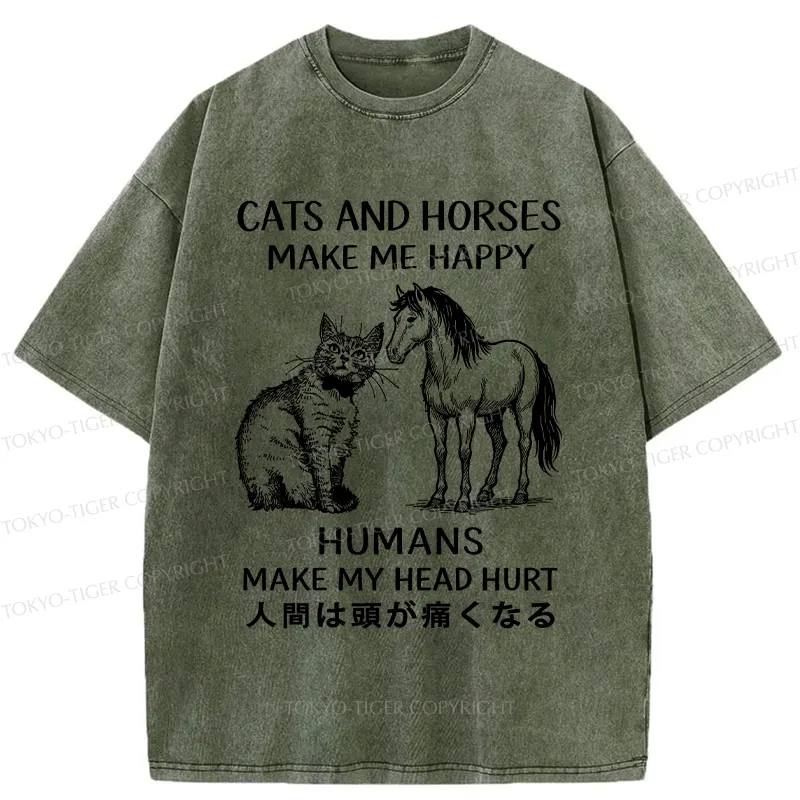 Tokyo-Tiger Funny Cats And Horses Make Me Happy Washed T-Shirt