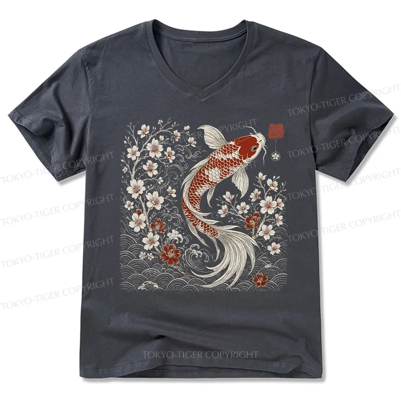 Tokyo-Tiger Vintage Sakura And Koi V-Neck Classic T-Shirt