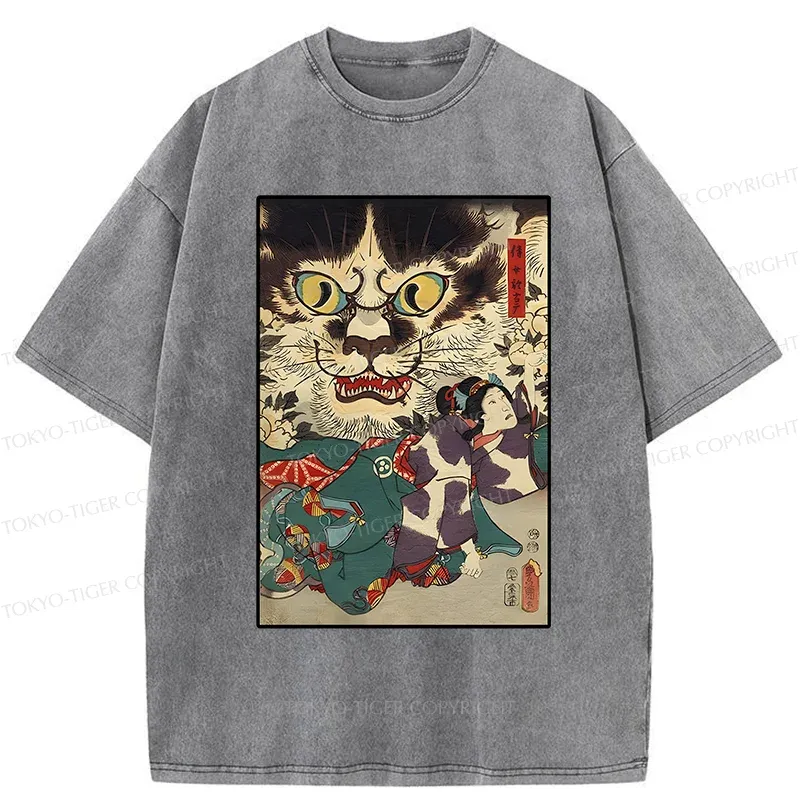 Tokyo-Tiger Japanese Cat Yokai Washed T-Shirt