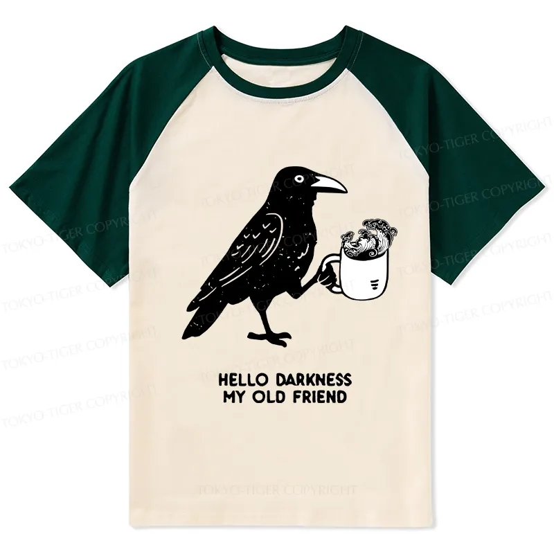 Tokyo-Tiger Crow Drinking Black Coffee Funny Raglan T-shirt