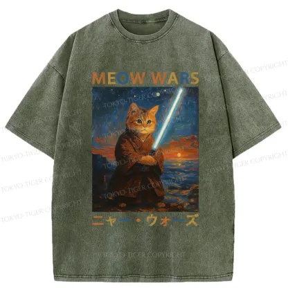Tokyo-Tiger Funny Meow Wars Washed T-Shirt