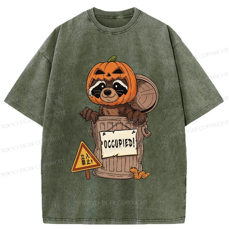 Tokyo-Tiger Funny Raccoon’s Halloween Retreat Washed T-Shirt