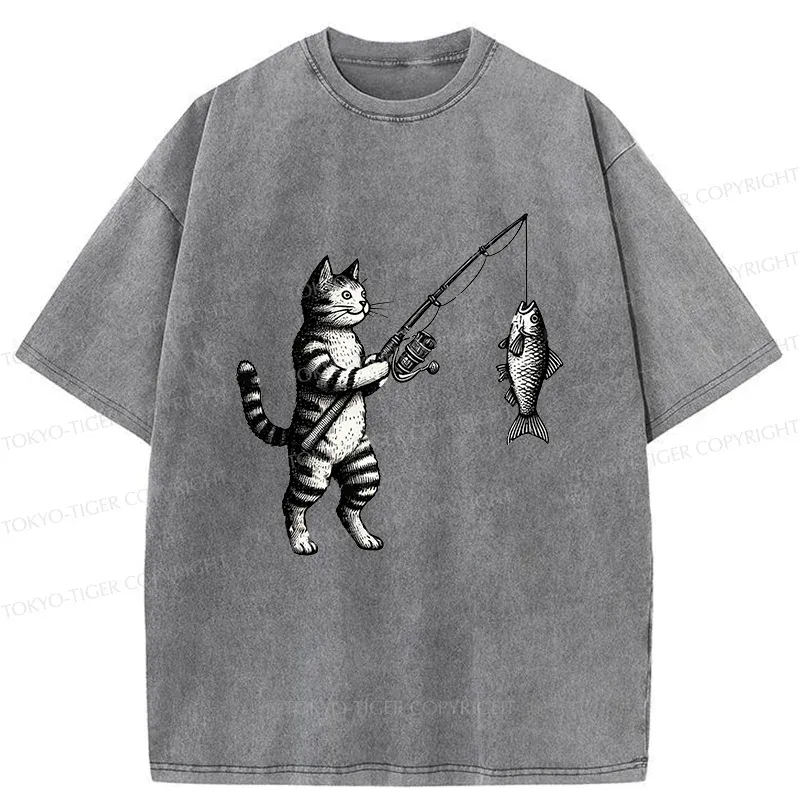 Tokyo-Tiger Cat Fishing Washed T-Shirt