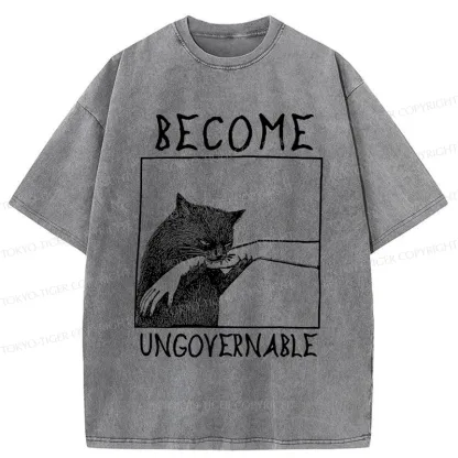 Tokyo-Tiger Cat Biting Arm Washed T-Shirt