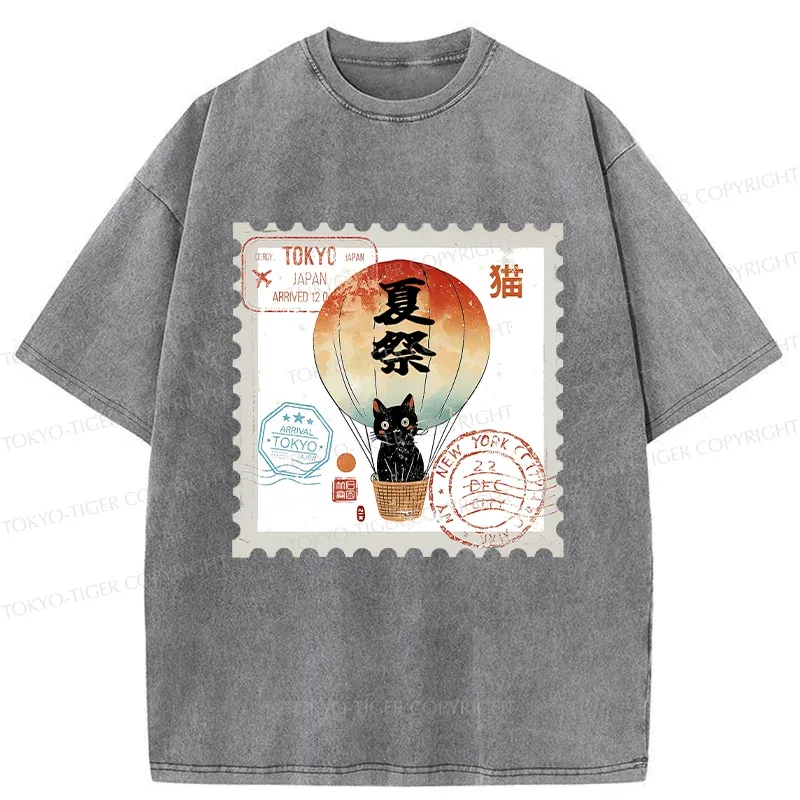 Tokyo-Tiger Japanese Cat Stamp Washed T-Shirt