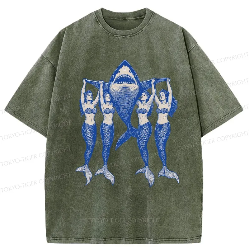 Tokyo-Tiger Mermaids Hoisting The Shark Washed T-Shirt