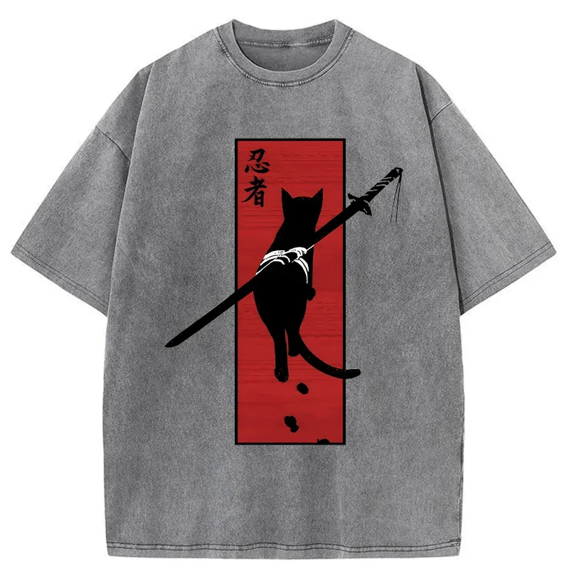 Tokyo-Tiger Lonely Cat Ninja Washed T-Shirt