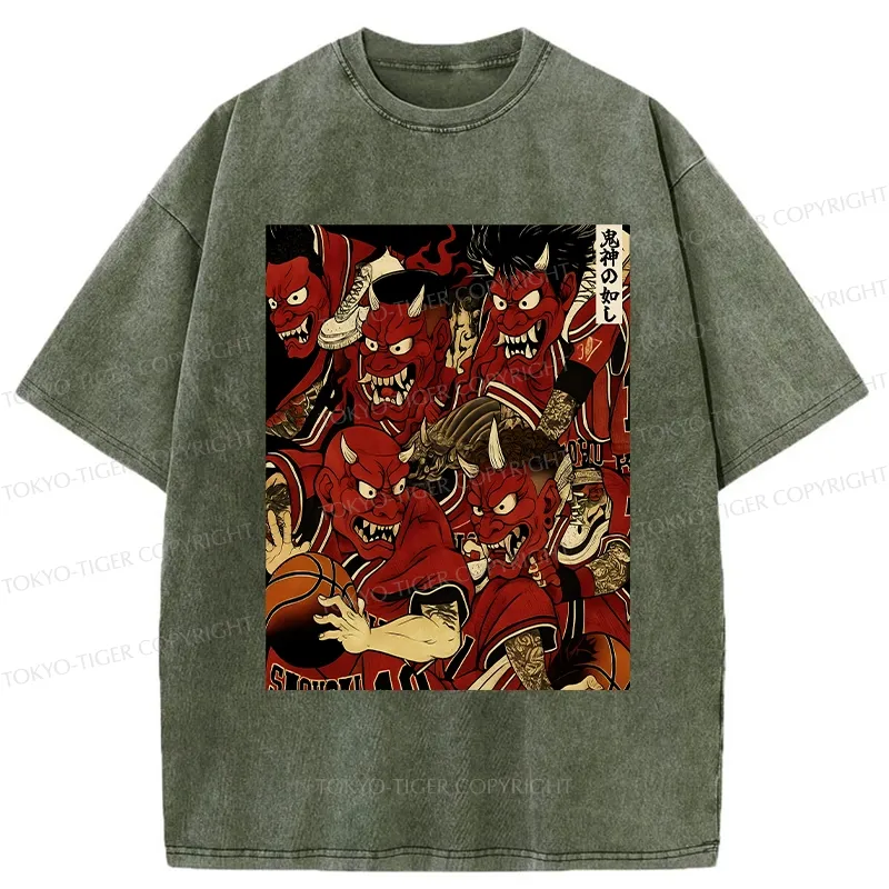 Tokyo-Tiger Demons Playing Basketball Washed T-Shirt