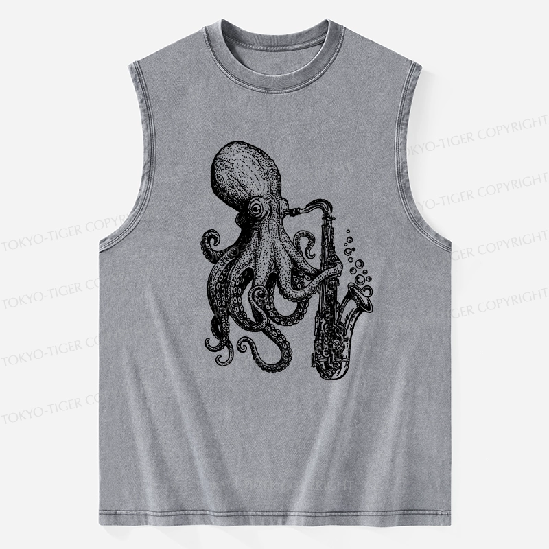 Tokyo-Tiger Octopus Playing Saxophone Washed Tank