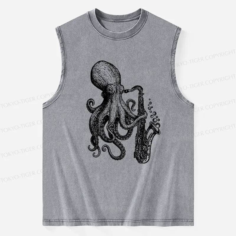 Tokyo-Tiger Octopus Playing Saxophone Washed Tank