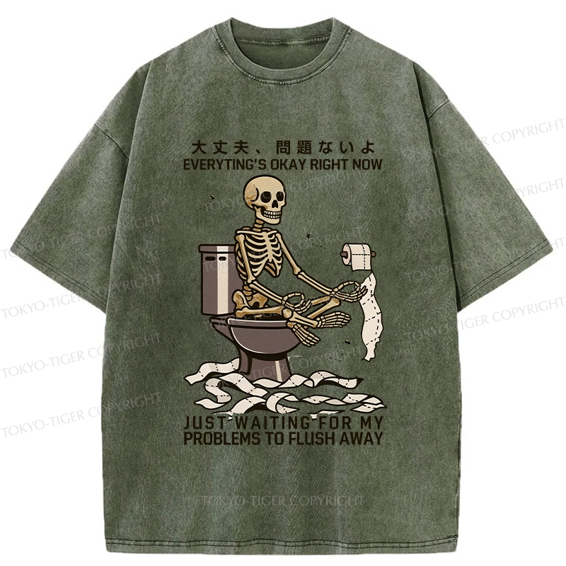 Tokyo-Tiger Funny Flushing Away Skeleton’s Question Washed T-Shirt