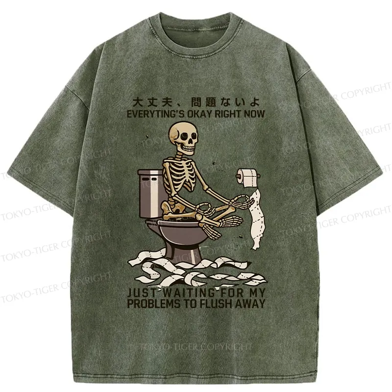 Tokyo-Tiger Funny Flushing Away Skeleton’s Question Washed T-Shirt
