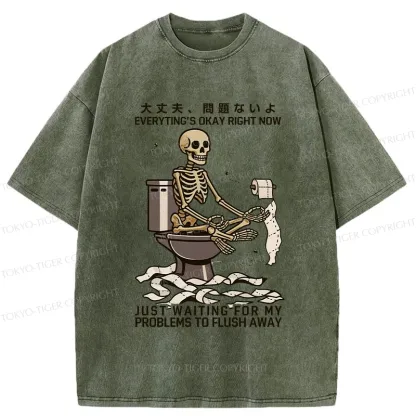 Tokyo-Tiger Funny Flushing Away Skeleton’s Question Washed T-Shirt