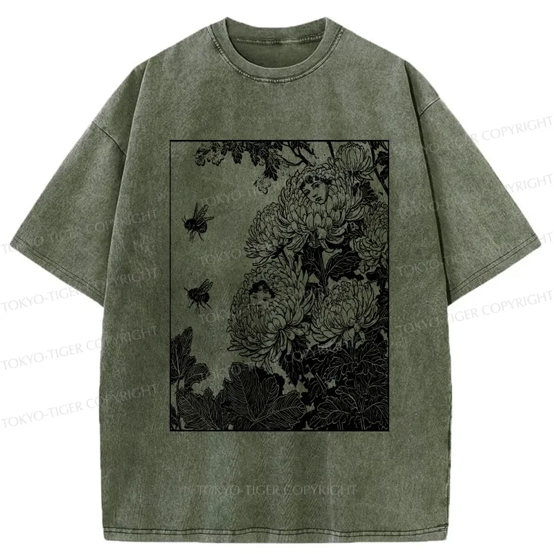 Tokyo-Tiger Chrysanthemums With Hidden Elf Washed T-Shirt