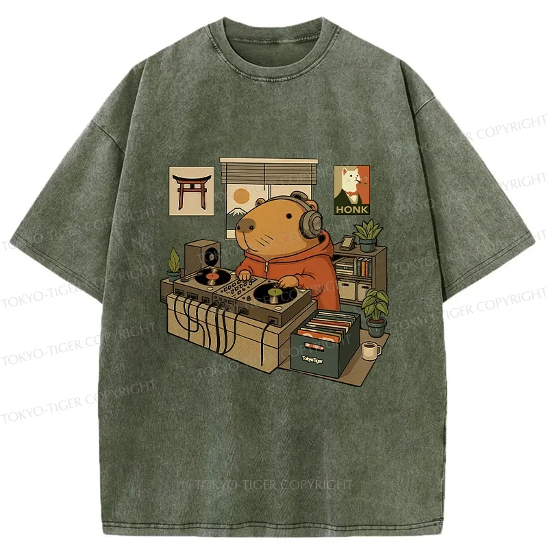 Tokyo-Tiger Funny Capybara DJ Washed T-Shirt