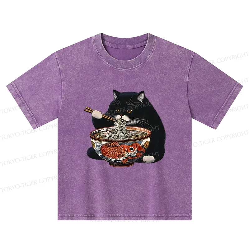 Tokyo-Tiger Fat Cat Eating Ramen Kids Washed T-Shirt
