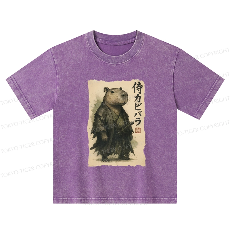 Tokyo-Tiger Capybara Samurai Kids Washed T-Shirt