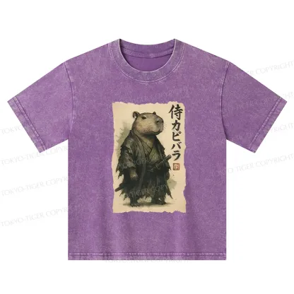 Tokyo-Tiger Capybara Samurai Kids Washed T-Shirt