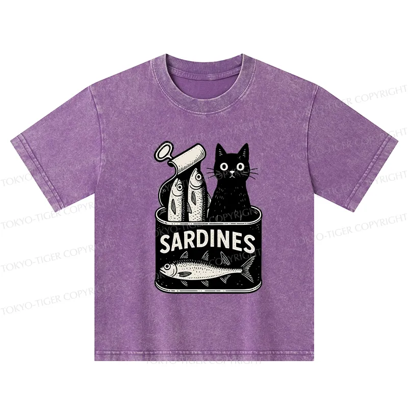 Tokyo-Tiger Cat And Canned Fish Kids Washed T-Shirt