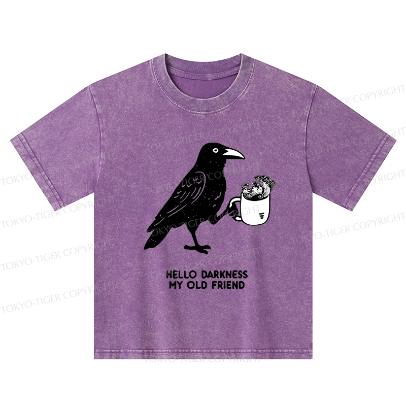 Tokyo-Tiger Crow Drinking Black Coffee Funny Kids Washed T-Shirt