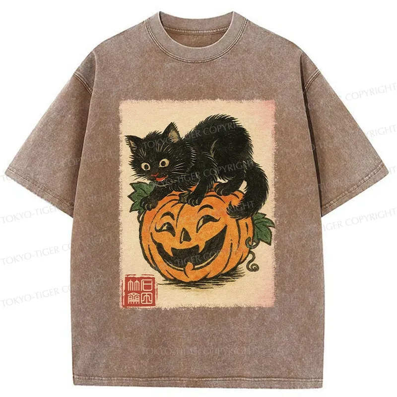 Tokyo-Tiger Black Cat And Pumpkin Washed T-Shirt