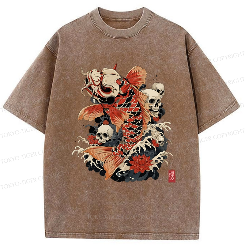 Tokyo-Tiger Japanese Koi And Skull Washed T-Shirt