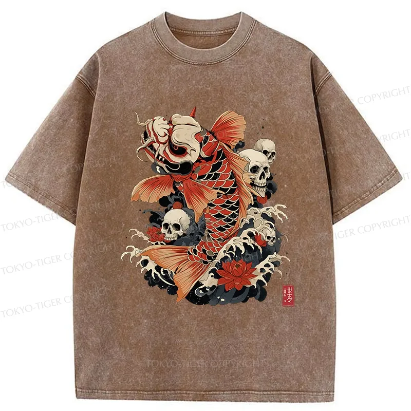 Tokyo-Tiger Japanese Koi And Skull Washed T-Shirt