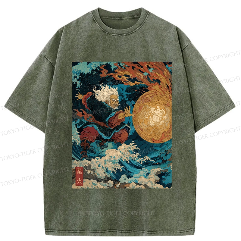 Tokyo-Tiger Samurai Controls Fireball Washed T-Shirt