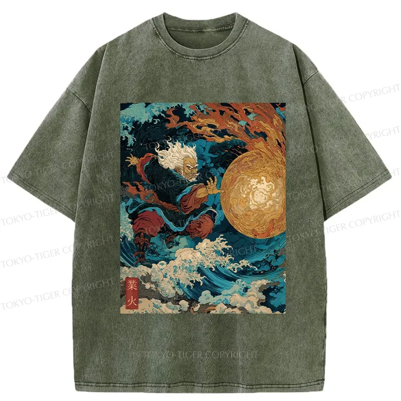 Tokyo-Tiger Samurai Controls Fireball Washed T-Shirt