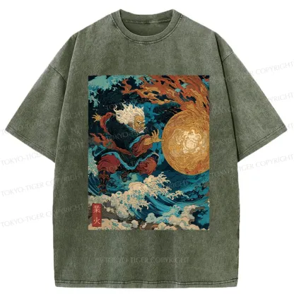 Tokyo-Tiger Samurai Controls Fireball Washed T-Shirt