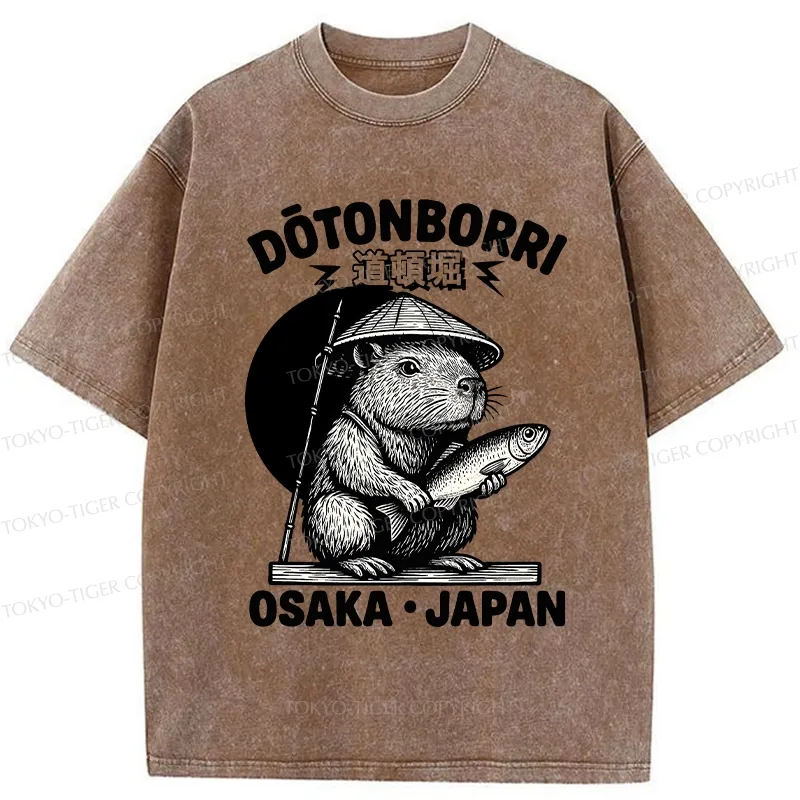 Tokyo-Tiger Capybara Holding A Fish Washed T-Shirt
