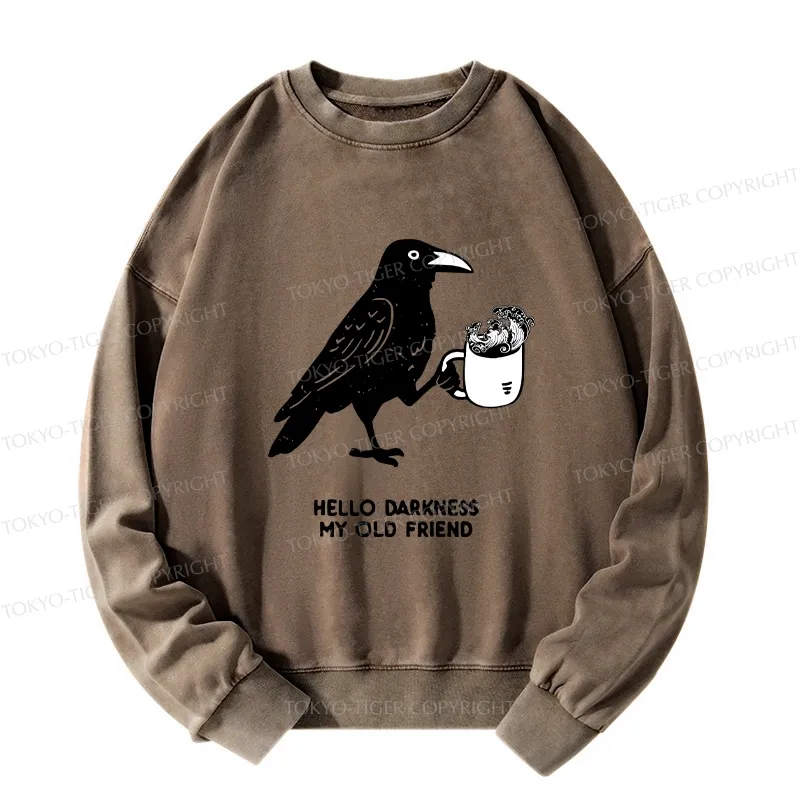 Tokyo-Tiger Crow Drinking Black Coffee Funny Washed Sweatshirt