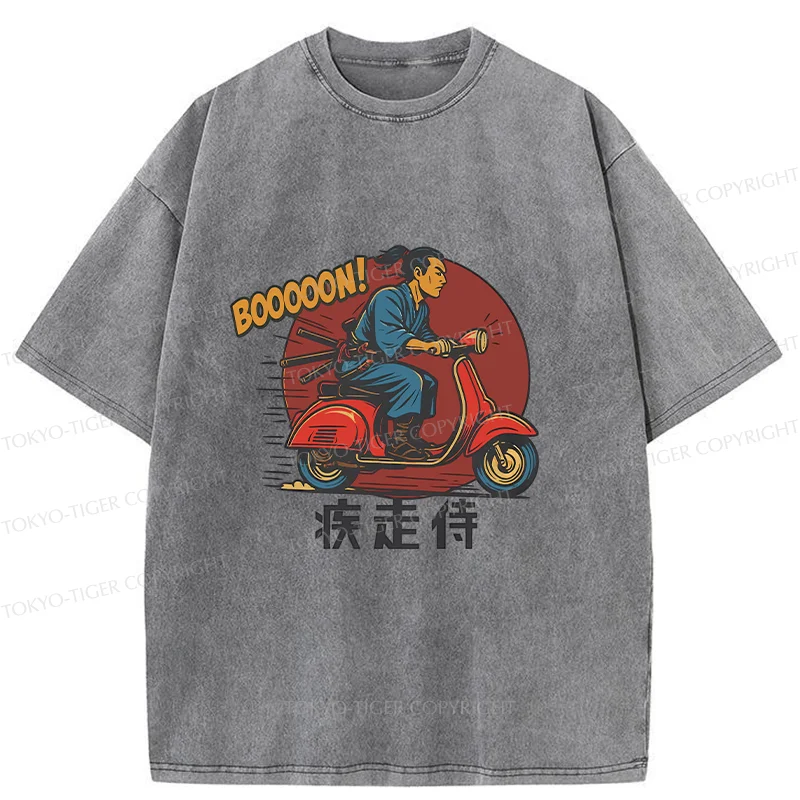 Tokyo-Tiger Samurai On Motorcycle Washed T-Shirt