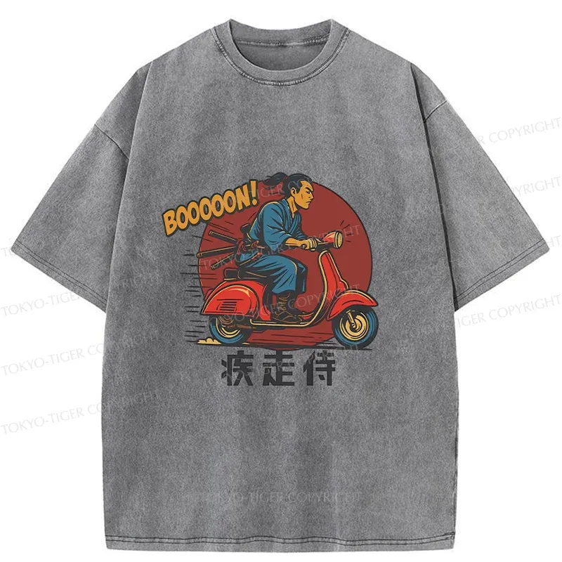 Tokyo-Tiger Samurai On Motorcycle Washed T-Shirt