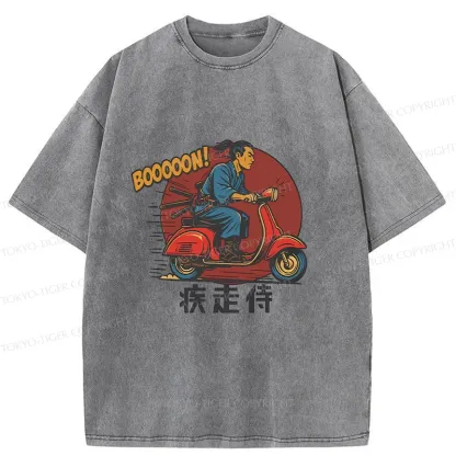 Tokyo-Tiger Samurai On Motorcycle Washed T-Shirt