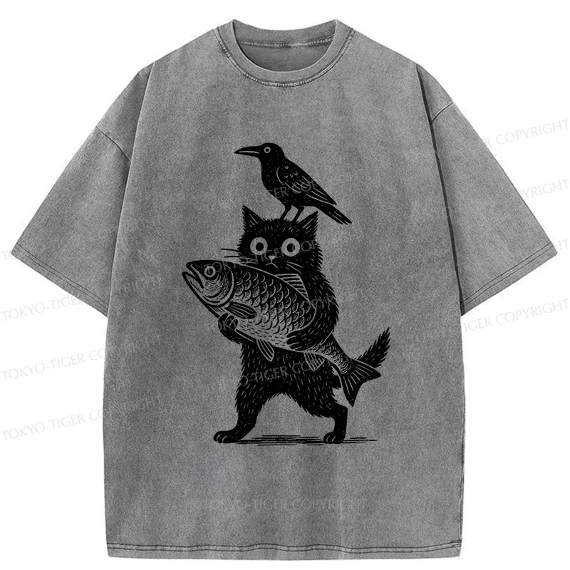 Tokyo-Tiger Black Animals Funny Washed T-Shirt