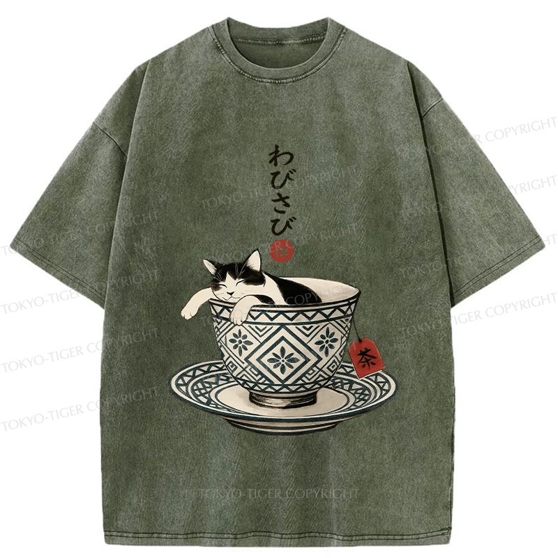 Tokyo-Tiger A Cozy Cat In A Teacup Washed T-Shirt