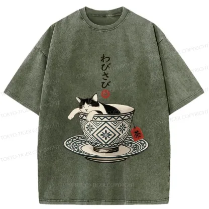 Tokyo-Tiger A Cozy Cat In A Teacup Washed T-Shirt