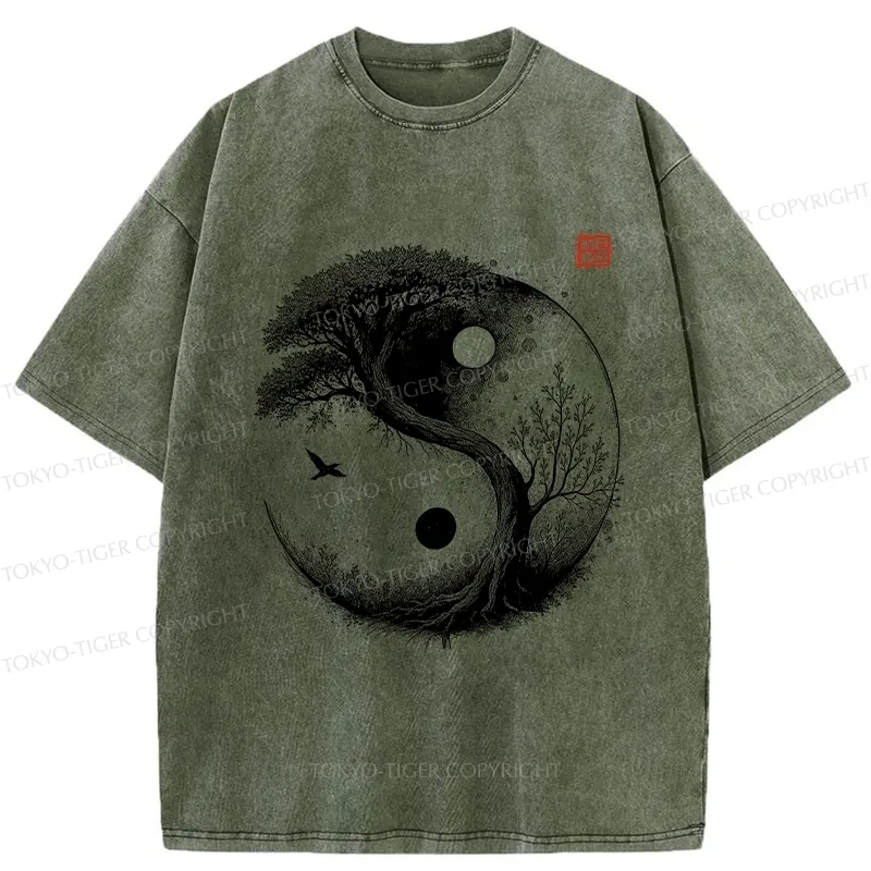 Tokyo-Tiger Yin Yang Bonsai Tree Washed T-Shirt