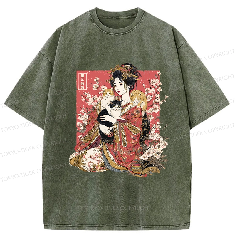 Tokyo-Tiger Geisha And Cats Washed T-Shirt