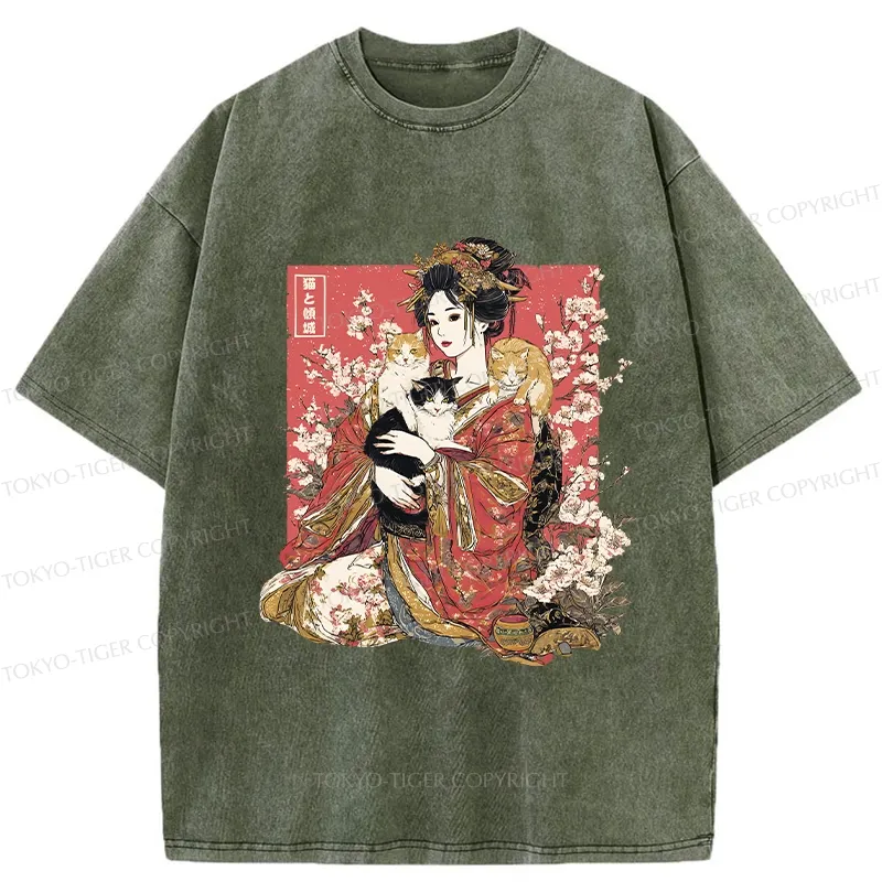 Tokyo-Tiger Geisha And Cats Washed T-Shirt