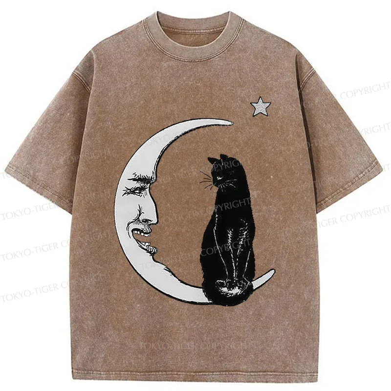 Tokyo-Tiger Moon And Cat Washed T-Shirt