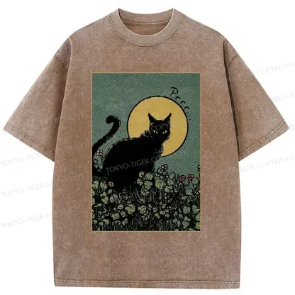 Tokyo-Tiger Black Cat At Night Washed T-Shirt