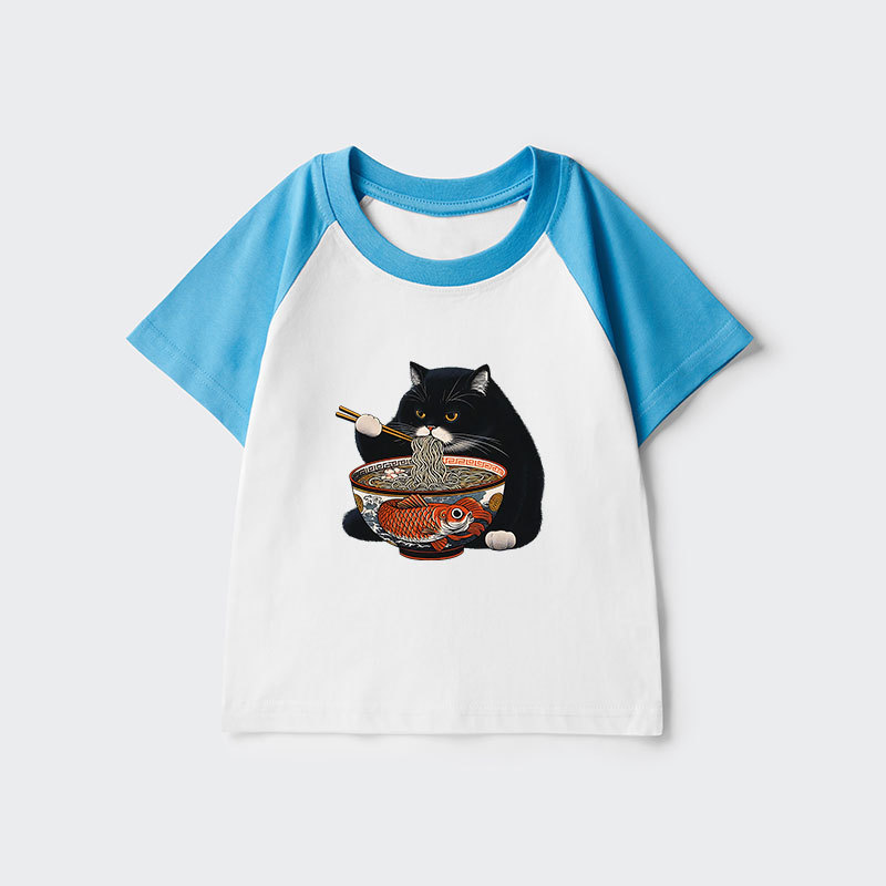 Tokyo-Tiger Fat Cat Eating Ramen Kids Raglan T-shirt