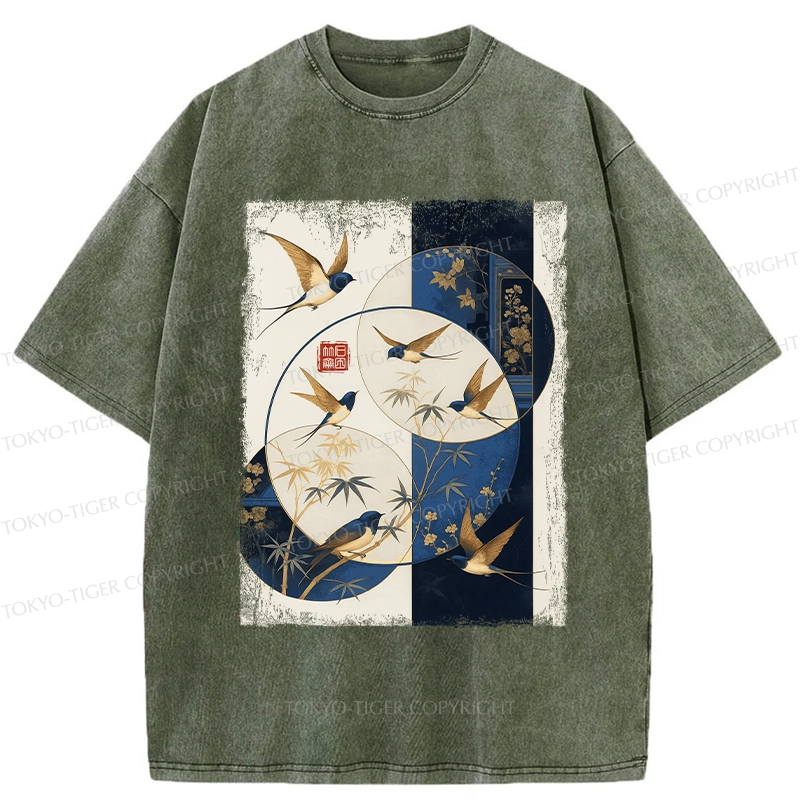 Tokyo-Tiger Swallows Among The Bamboo Washed T-Shirt