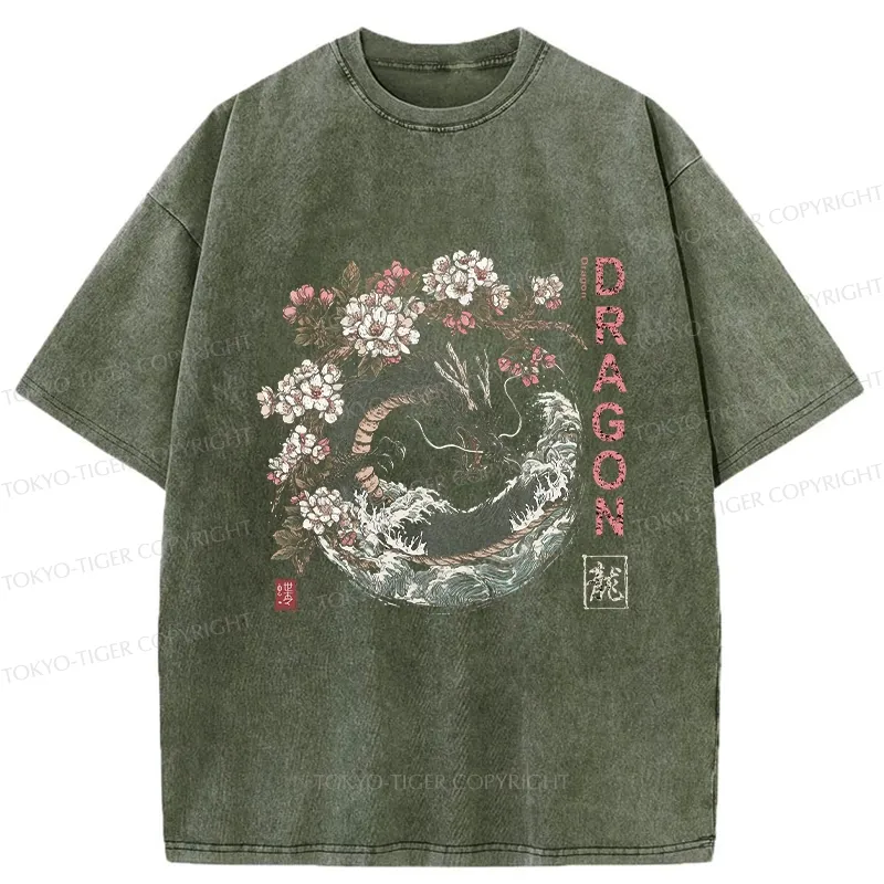 Tokyo-Tiger The Sakura Dragon Meets Wave Washed T-Shirt