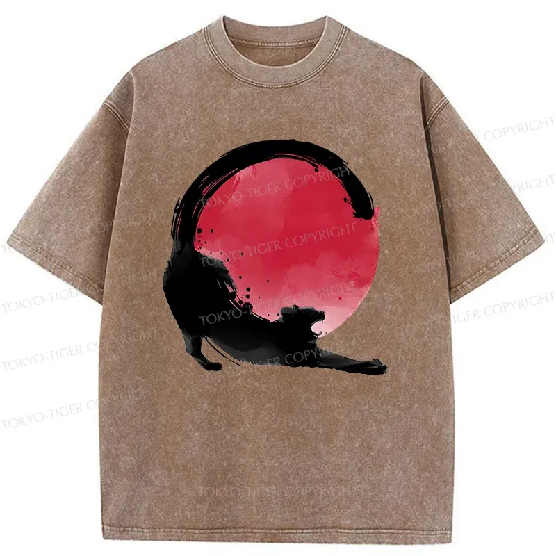 Tokyo-Tiger Black Cat Stretching Washed T-Shirt