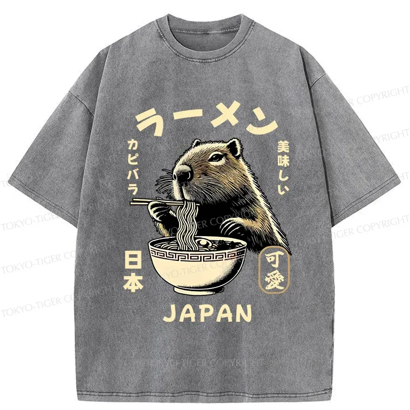 Tokyo-Tiger Retro Capybara Eating Ramen Washed T-Shirt